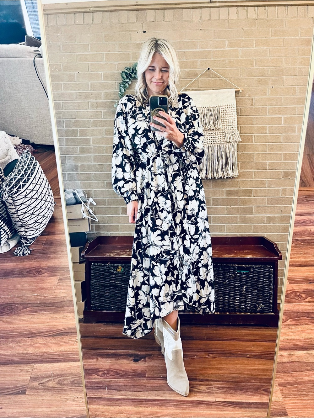 Gilli Black & Cream Floral Midi Wrap Dress